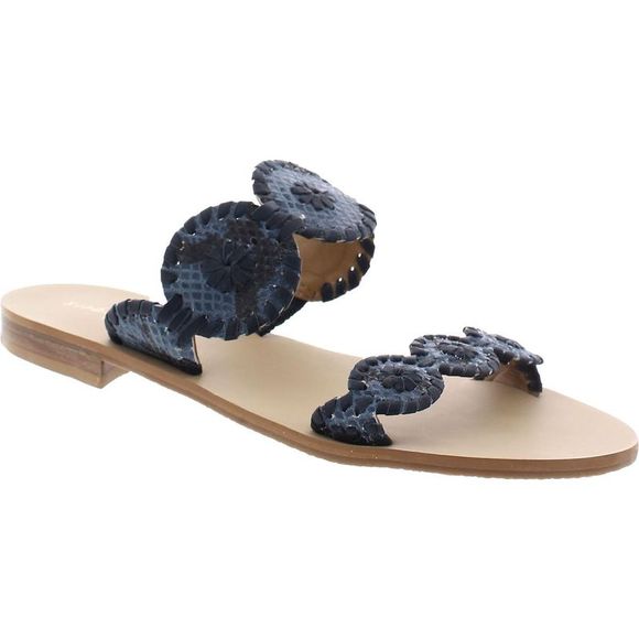 Jack Rogers Shoes - Jack Rogers Womens Navy Leather Embossed Flat Slide Sandals Shoes NWT